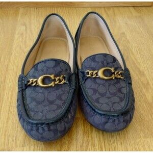 Coach Maegan Driver Slip On Shoes C Chain Black Jacquard Leather Loafers